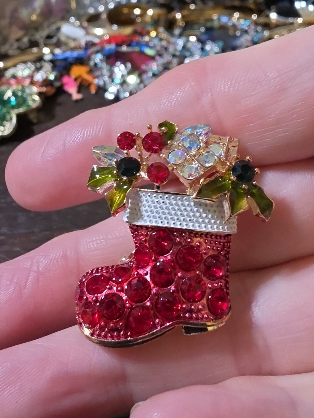 A112- Festive Red Crystal Christmas Stocking Brooch